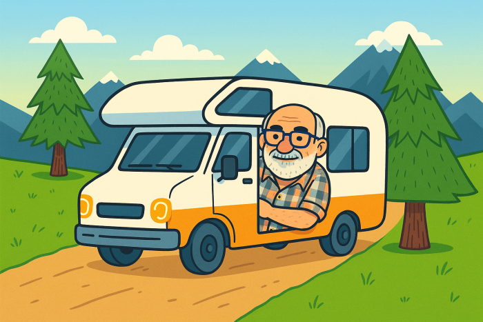 comic wohnmobil mit mann aus fenster lehnend