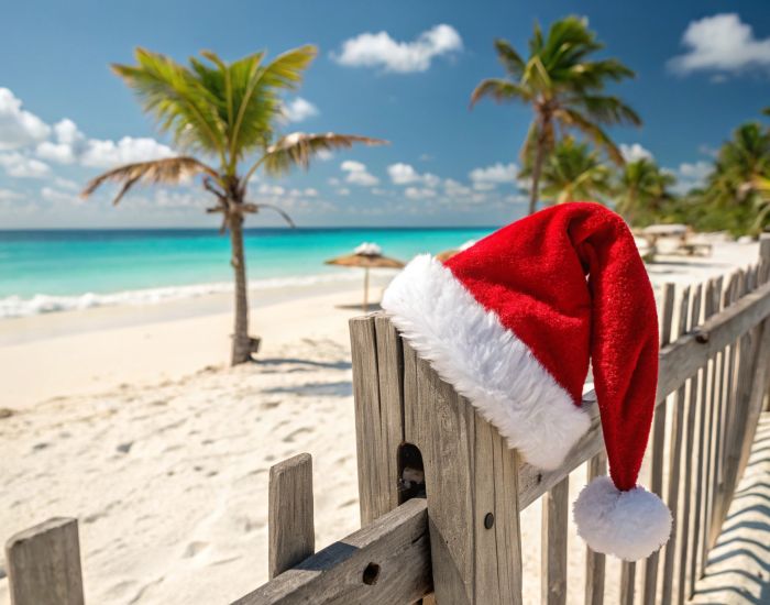 festlicher roter weihnachtsmannhut auf holzzaun am strand mit palmen
