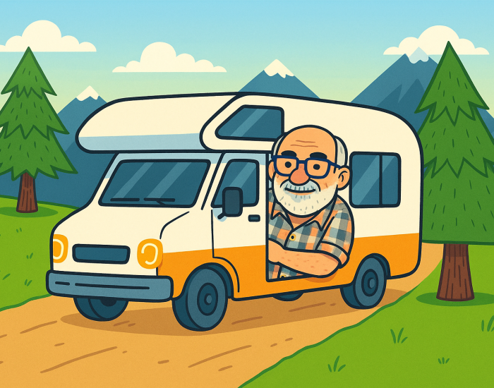 comic wohnmobil mit mann aus fenster lehnend